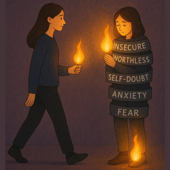 Illustration of a woman offering light to another weighed down by labels like fear and anxiety.